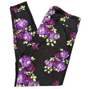 LuLaRoe Womens Leggings Size TC2 Purple Floral Roses Black Heather Plus 18+ NWT